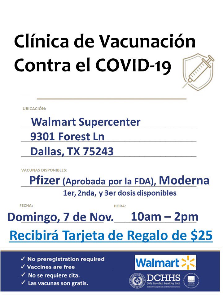 JudgeClayJ's tweet photo. Vaccination opportunity this Sunday, November 7th from 10am-2pm at the Walmart Supercenter at 9301 Forest Ln. Dallas, TX 75243. All doses of Pfizer and Moderna will be available. https://t.co/aBlNRtYtxt