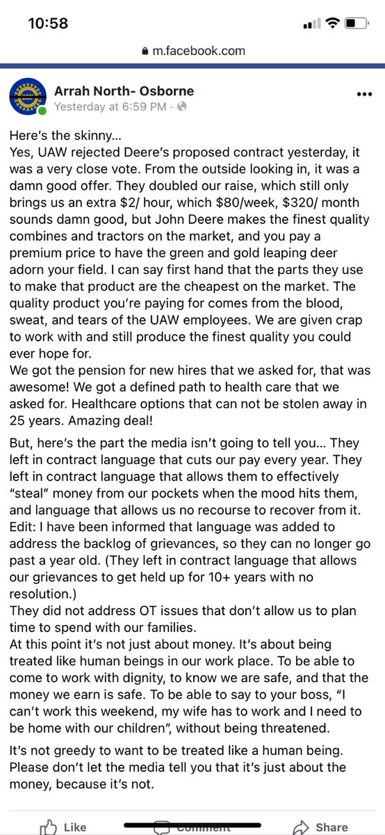 JonahFurman's tweet photo. Deere UAW workers are speaking up against being characterized as “greedy” for turning down a contract with a $2 raise. Here’s one viral Facebook post that lays out how many strikers are feeling. Worth a read. https://t.co/HKg9OkY1nU