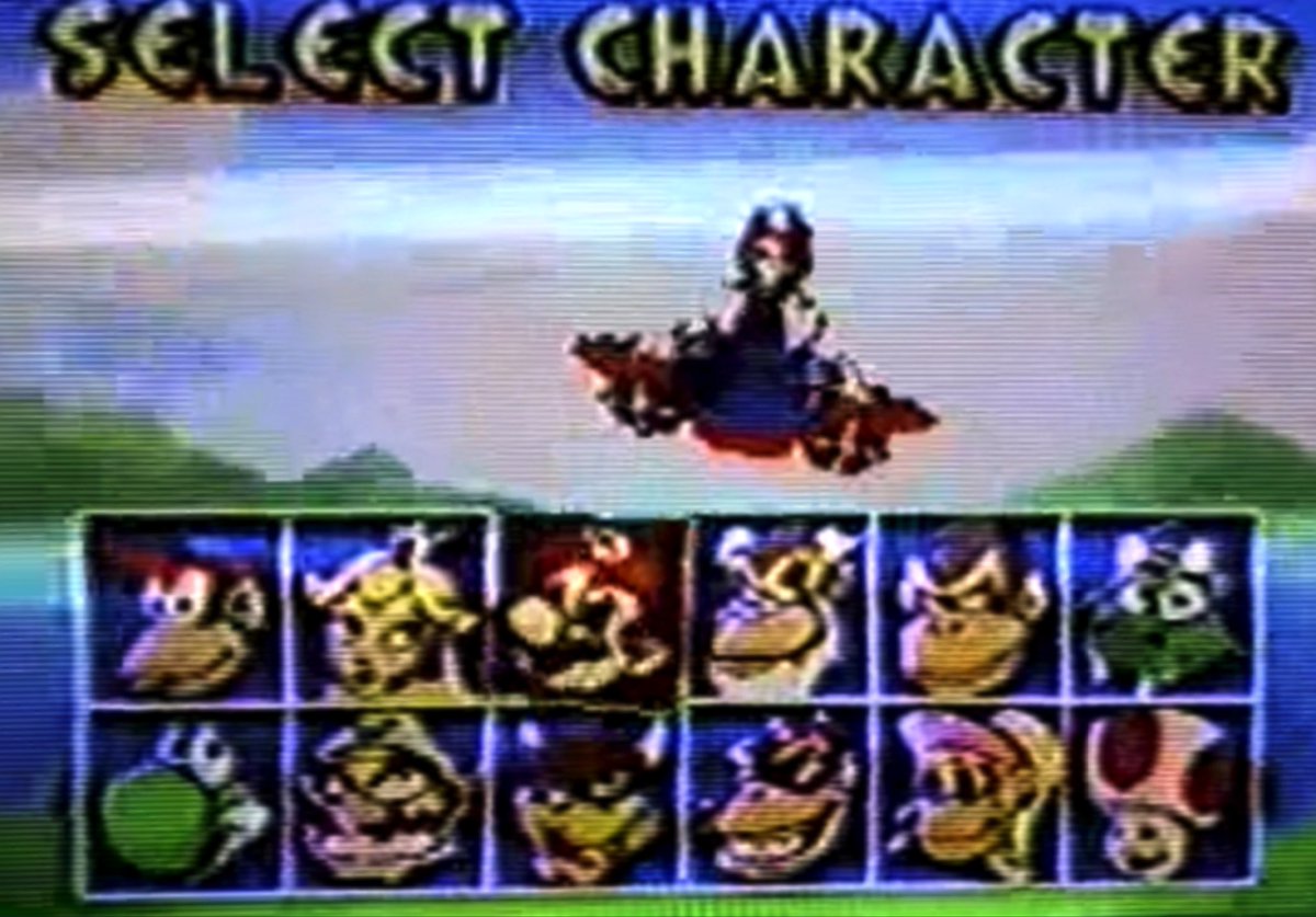 Diddy Kong Pilot’s “Mario character” roster that was aborted early on. Diddy Kong, Peach, Mario, Cranky Kong, K. Rool, Yoshi, Wario, Bowser, Funky, Dixie, and Toad.