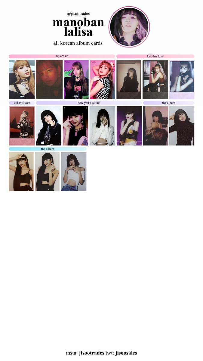 jisoosales's tweet photo. 𓂋 blackpink all korean album photocards𓂋

#blackpink #blackpinktemplates #jisoo #jennie #rosé #lisa blackpink templates #블랙핑크 #포카  블랙핑크 포카  리사 포토카드 ปราณปรียา มโบาล 김제니 김지수 박채영 리사 https://t.co/TktpeU8wzk