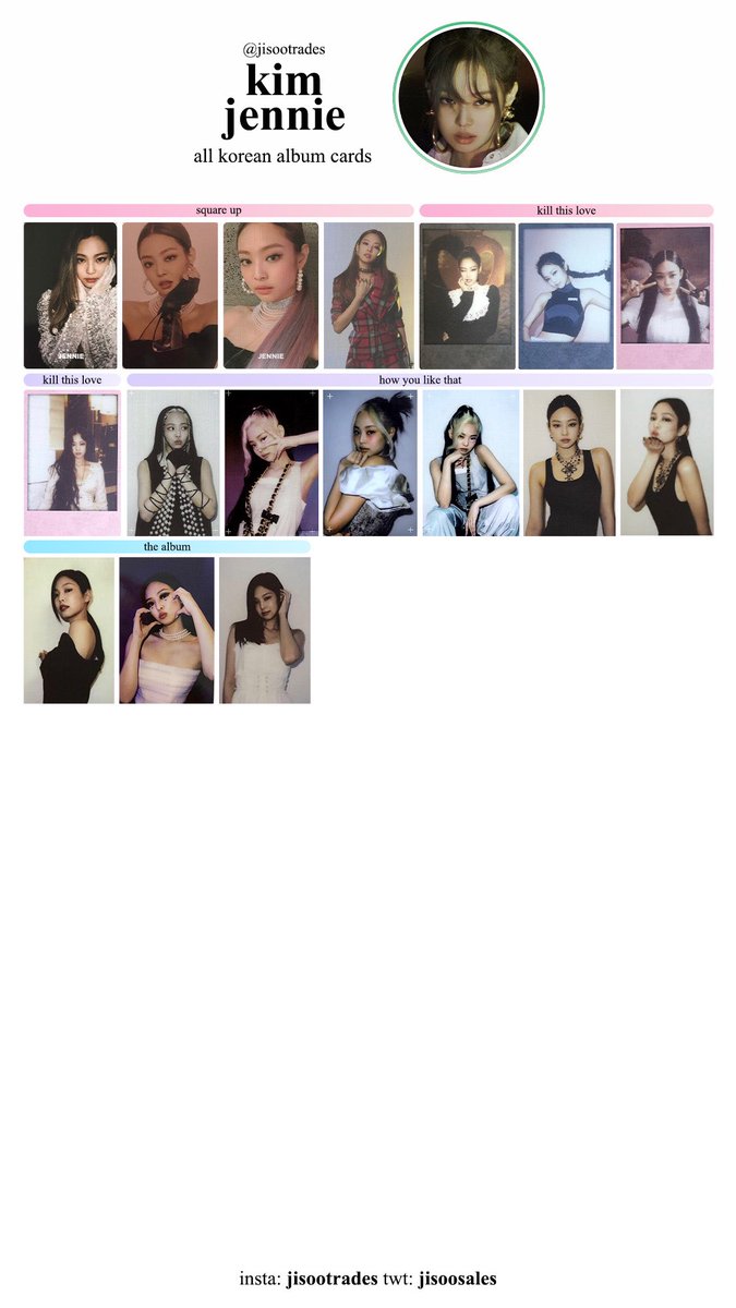 jisoosales's tweet photo. 𓂋 blackpink all korean album photocards𓂋

#blackpink #blackpinktemplates #jisoo #jennie #rosé #lisa blackpink templates #블랙핑크 #포카  블랙핑크 포카  리사 포토카드 ปราณปรียา มโบาล 김제니 김지수 박채영 리사 https://t.co/TktpeU8wzk