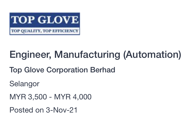 ❕Top Glove is HIRING❕

📌 Engineer, Manufacturing (Automation)

👨🏻‍🎓 Fresh Graduates are encouraged to apply 

✅ Apply now at:
jobstreet.com.my/en/job/4714949