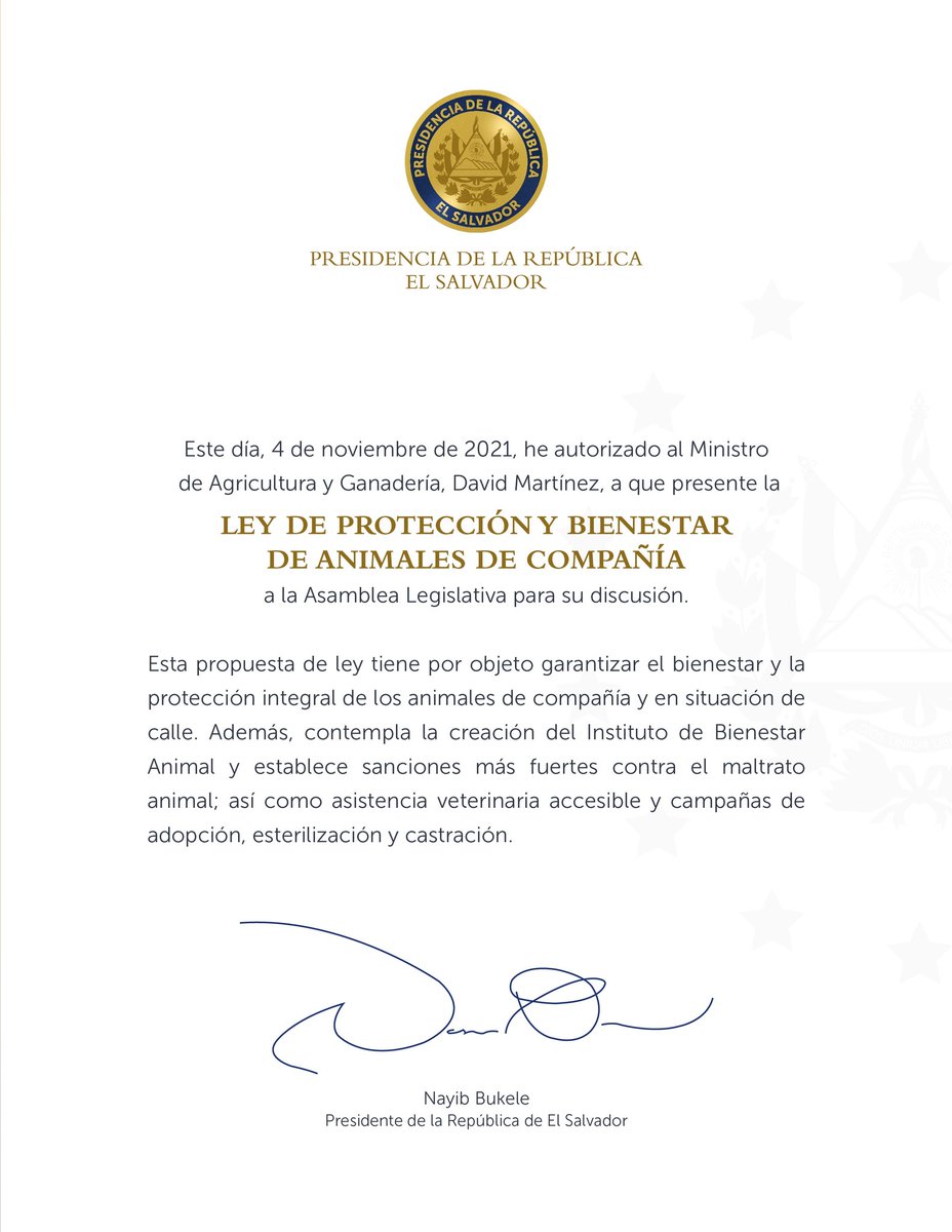PresidenciaSV's tweet photo. El Presidente @nayibbukele ha enviado a la @AsambleaSV el proyecto de Ley de Protección y Bienestar de Animales de Compañía, para velar por la protección integral contra todo acto de crueldad y fomentar una cultura de prevención de violencia animal.

¡Una promesa cumplida! 🐶😺 https://t.co/u3YetLH6RB