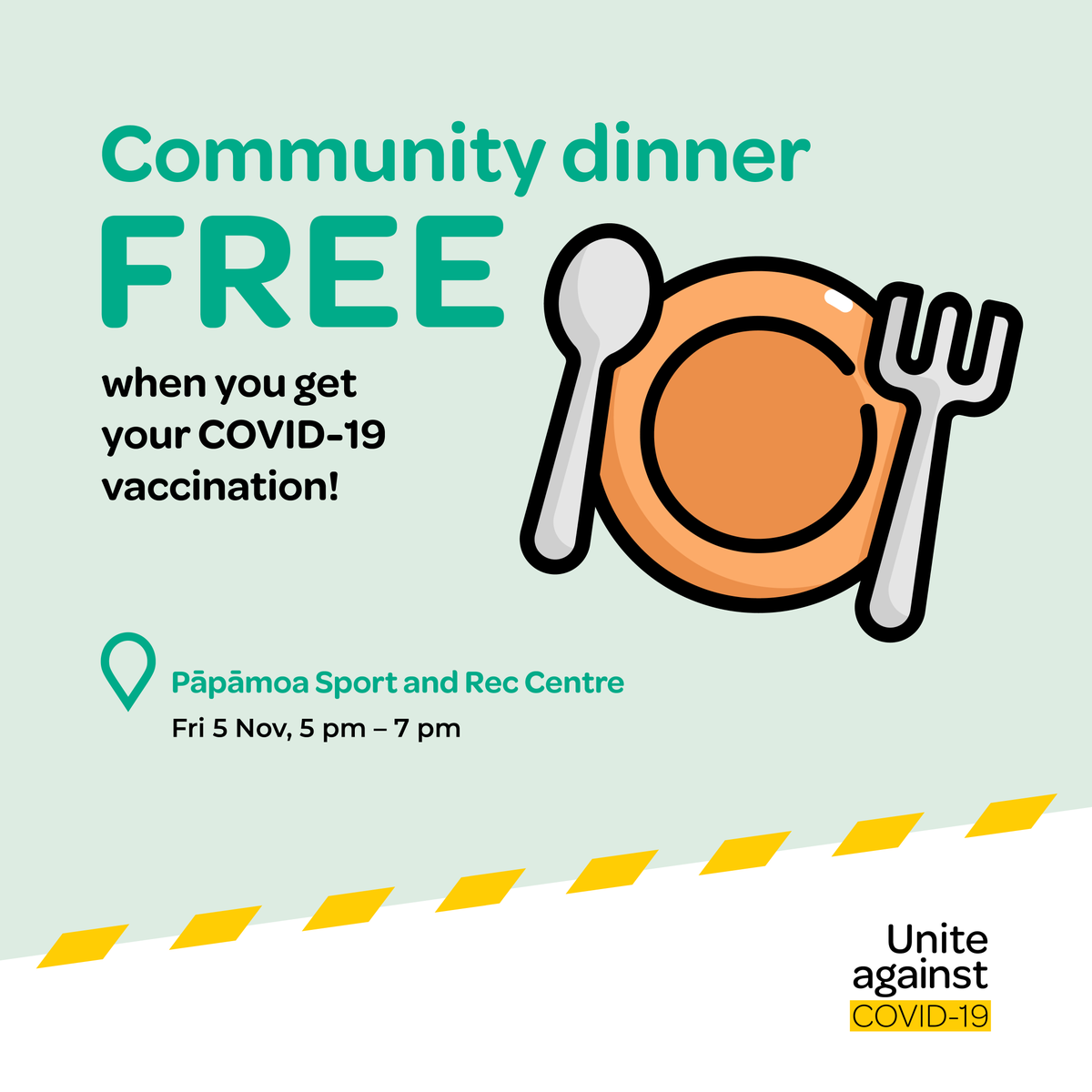 Pāpāmoa community! Grab some free kai and COVID-19 vaccinations this evening at the Sport and Recreation Centre, Gordon Spratt Reserve.
