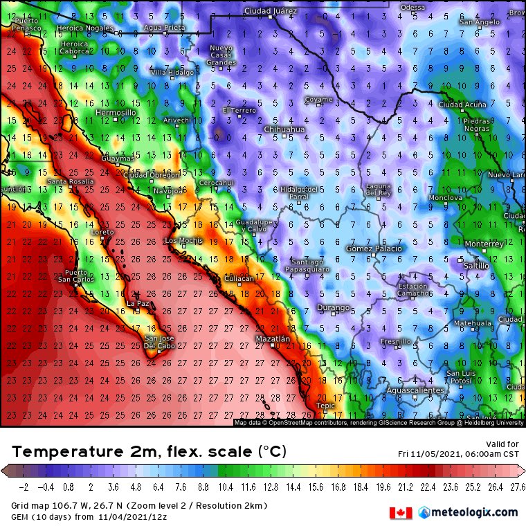 InfoMeteoro's tweet photo. 🥶El frío seguirá en próximas horas, previéndose un amanecer de viernes con valores de 0 a 10ºC a lo largo del Altiplano, especialmente Chih, Coah, Dgo, Zac, EdoMex, CDMX, Hgo, Pue, Tlax, Ver.

🟣En montañas y campo abierto son probables extremas inferiores a -5ºC con heladas⚠️ https://t.co/sTuadtYHMh