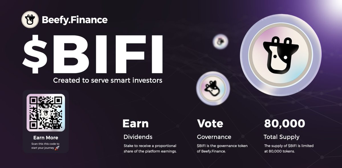 beefyfinance's tweet photo. Why $BIFI?
$BIFI is the governance token of https://t.co/DlZoJX2nSi. With a supply of 80,000, the fully distributed token allows holders to stake in the #BIFIMaxi or #EarningsPool to receive a proportional share of the platform's earnings.
Created to serve smart investors #BIFI https://t.co/R6vvyQT3hP