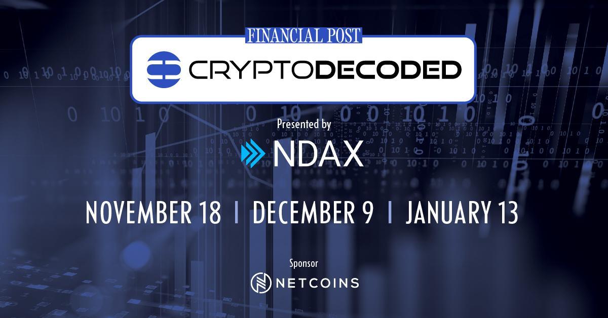 financialpost's tweet photo. Introducing the new Financial Post series #CryptoDecoded presented by @ndaxio

Bringing together experts to discuss #cryptocurrencies &amp; the #blockchain industry.

Register for FREE at   https://t.co/UACUs8FAPZ https://t.co/lDI3oBneF5