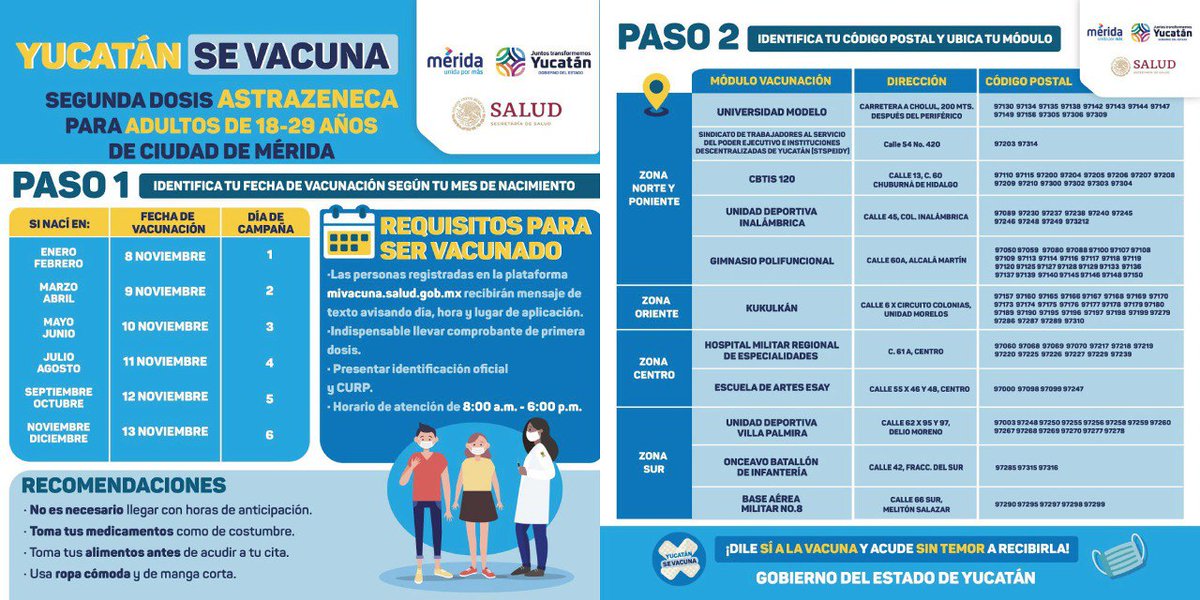 MauVila's tweet photo. Les informo que la aplicación de la 2da dosis de vacunas #AstraZeneca contra el Covid, para personas de 18 a 29 años en #Mérida, se realizará a partir del próximo lunes 8 de noviembre. Les comparto la siguiente infografía donde podrán encontrar las fechas y sedes de vacunación. https://t.co/KHo6tlewo4