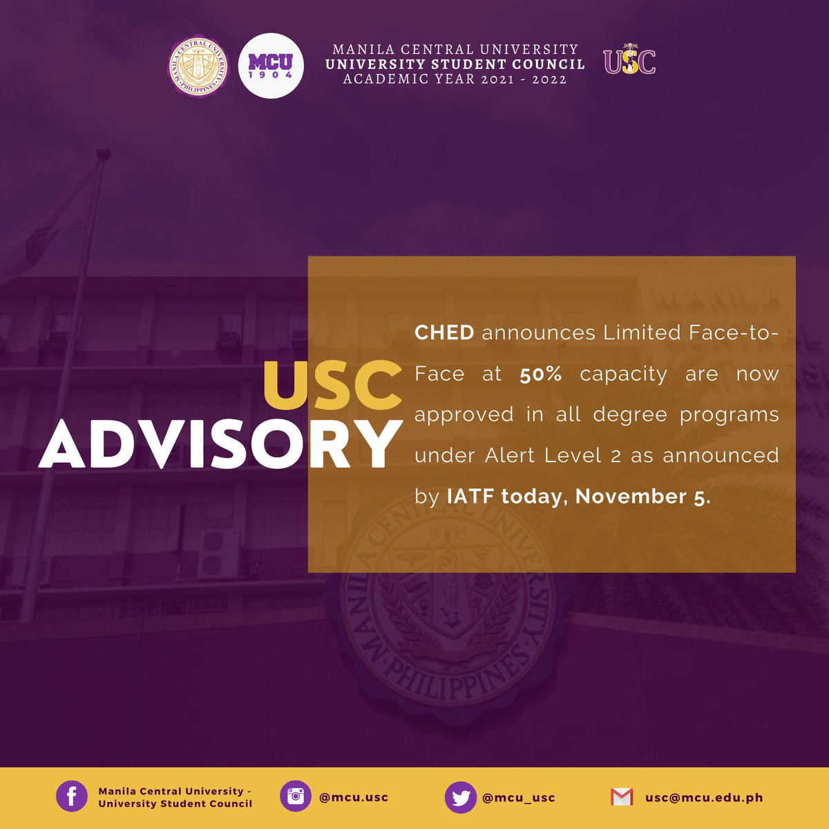 MCU_USC's tweet photo. USC ADVISORY 2021-003
JUST IN: Limited Face-to-Face classes at 50% capacity are now permitted in all degree programs under Alert Level 2 as announced by the IATF today, November 5, 2021.
#BalitangKwago
#USCBreakingBarriers https://t.co/ltgqethJLi