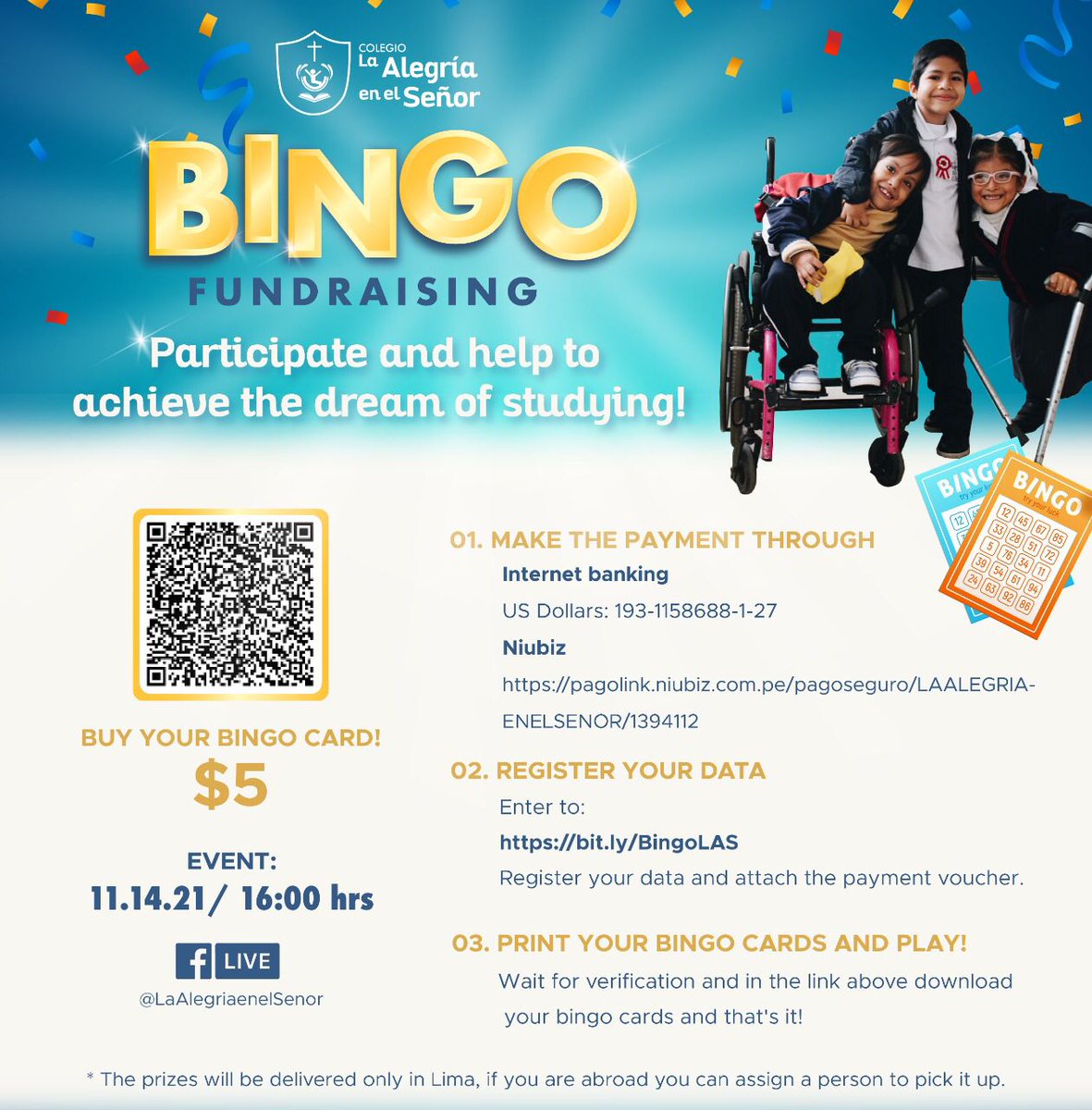 BINGO Pro-fondos para nuestro Colegia La Alegría en el Señor. Post oficial: web.facebook.com/LaAlegriaenelS…