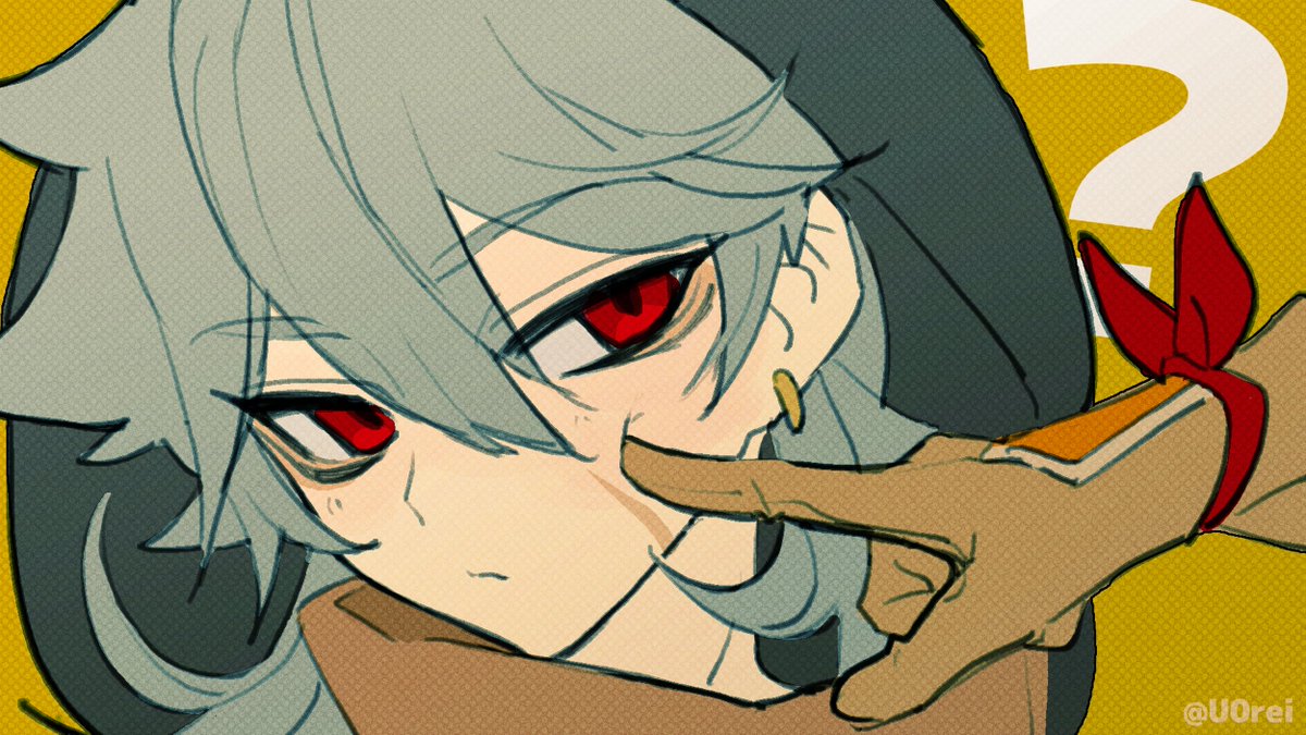 razor (genshin impact) red eyes hood up male focus hood scar yellow background grey hair  illustration images