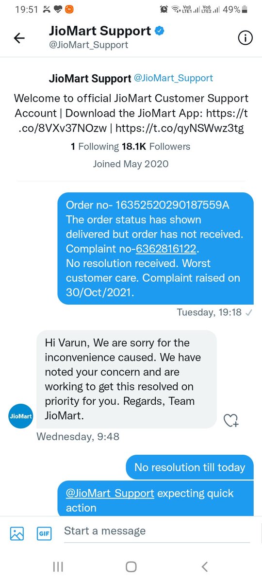 VarunTayal85's tweet photo. @JioMart_Support @JioMart not resolution till today. Cust. Care executive disconnect call after putting it on hold for 30secs https://t.co/DEO0RsxPMn