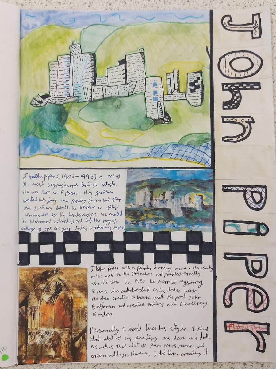 SSA_ADT's tweet photo. 9X1 have produced an Artist research page in their sketchbook on the artist John Piper. These are a few of the great examples they produced https://t.co/fe1AiMiBmU