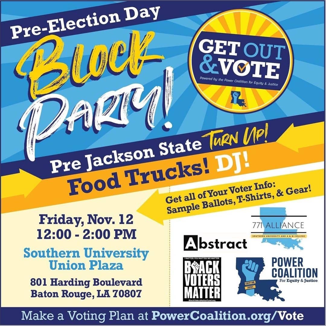 SouthernU_BR's tweet photo. Hey, Jags! We're kicking off our Beat J State weekend with a pep rally AND Pre-Election Day Block Party TODAY in front of the Union at noon. Both events are free and open to the public. 
#WeAreSouthern #GeauxVote https://t.co/U0wmIN5j8U