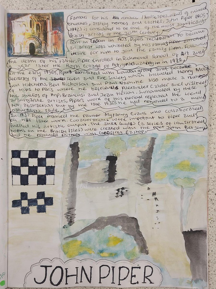 SSA_ADT's tweet photo. 9X1 have produced an Artist research page in their sketchbook on the artist John Piper. These are a few of the great examples they produced https://t.co/fe1AiMiBmU
