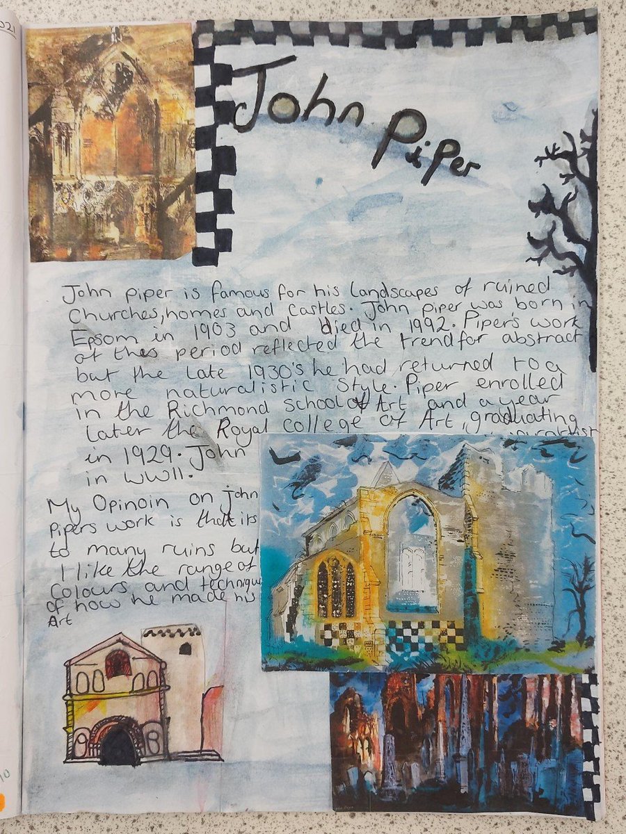 SSA_ADT's tweet photo. 9X1 have produced an Artist research page in their sketchbook on the artist John Piper. These are a few of the great examples they produced https://t.co/fe1AiMiBmU