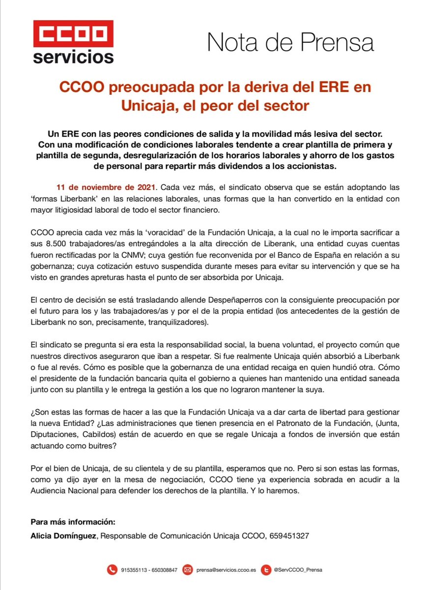 CCOO preocupada x la deriva del ERE en <a href="/UnicajaBanco/">Unicaja</a>, el peor del sector:

1⃣ Las peores condiciones de salida
2⃣ La movilidad más lesiva
3⃣ La amenaza de crear plantilla de 1ª y de 2ª
4⃣ La intención de desregular el horario de Convenio. 

❗️❗️¿La formas Liberbank? Eso tememos.