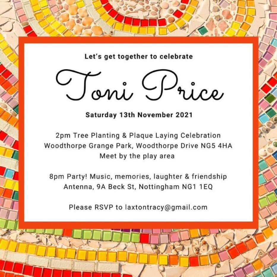 Tomorrow we will get together to remember and celebrate Toni Price on her birthday, Saturday 13 November. 

Everyone who knew Toni is very welcome at both the tree planting and the party ❤️

If you’ve not already, please do RSVP to laxtontracy@gmail.com 
Thank you