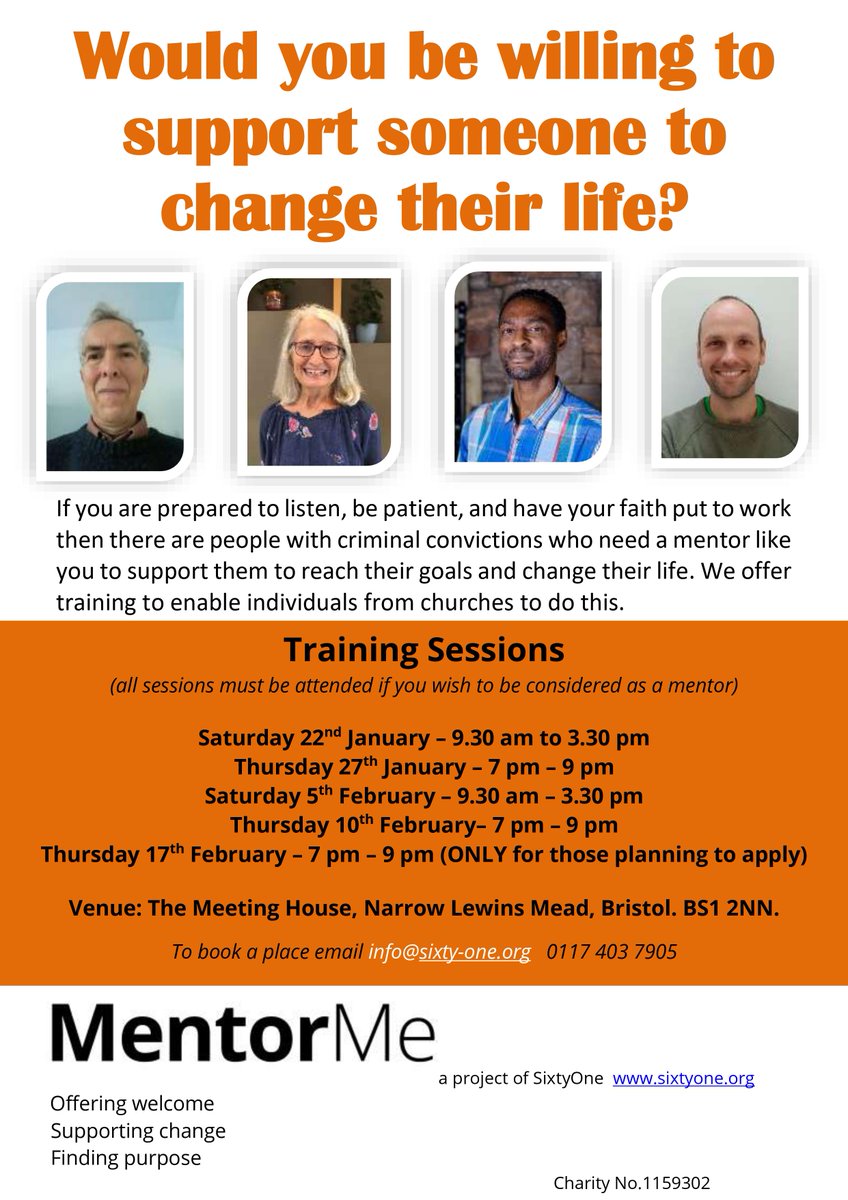 SixtyOneBristol's tweet photo. We are delighted that Emmanuel Bristol will be hosting our next training course at The Meeting House in the New Year.
Please consider training as a mentor to support an ex-prisoner, and share this opportunity to put faith to work with your church family. #mentoring #exprisoners https://t.co/EzetaWi41E
