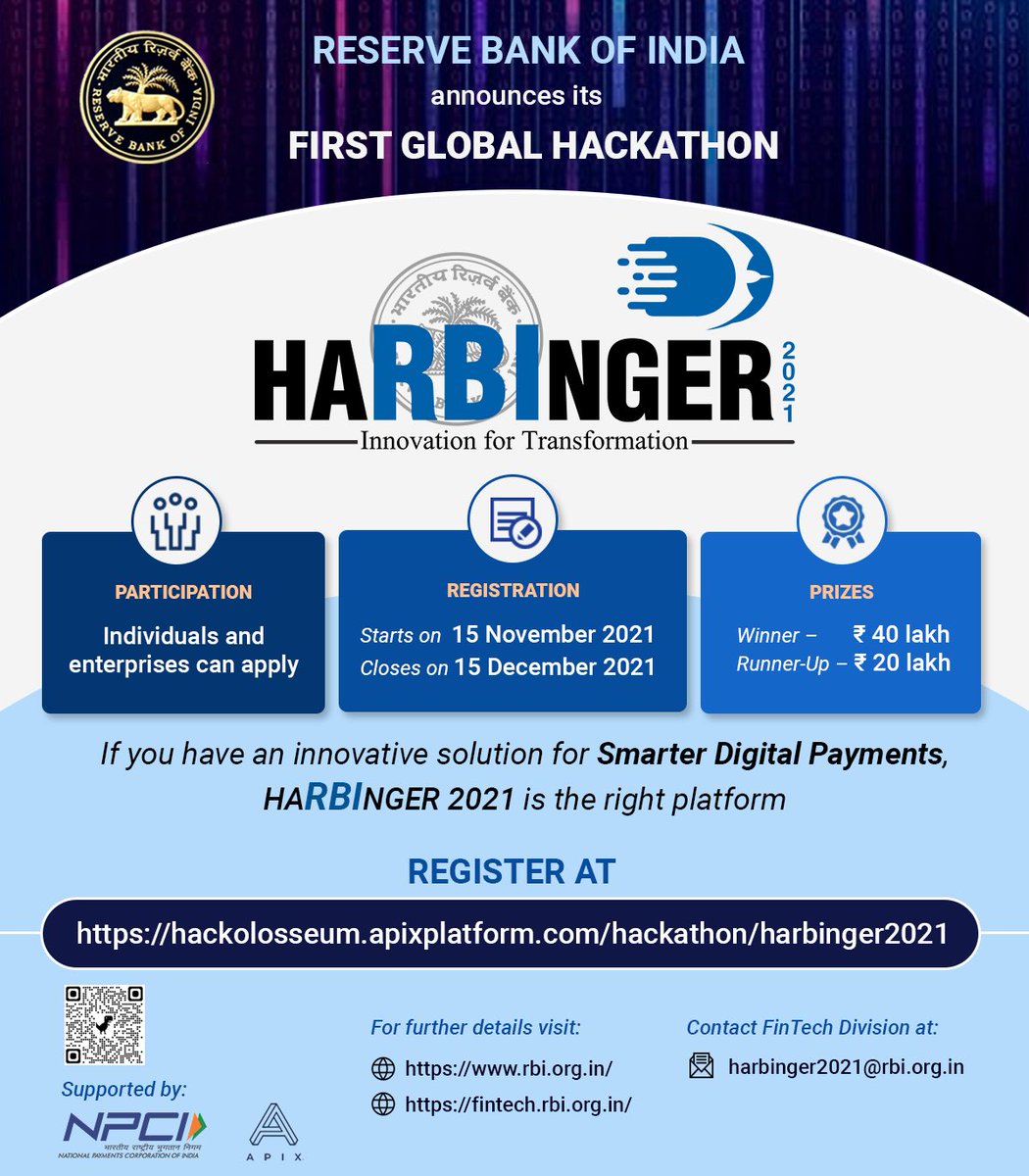 RBI's tweet image. RBI launches its first global hackathon - HARBINGER 2021.                 
 #harbinger2021 #rbihackathon #innovationfortransformation