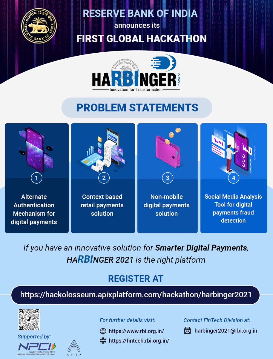 RBI's tweet image. RBI launches its first global hackathon - HARBINGER 2021.                 
 #harbinger2021 #rbihackathon #innovationfortransformation