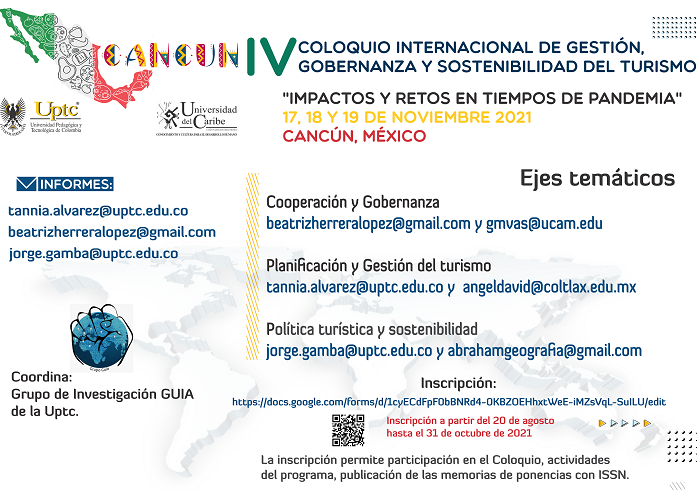 La Universidad del Caribe será sede virtual del IV Coloquio Internacional de Gestión, Gobernanza y Sostenibilidad del Turismo, que se celebrará del 17 al 19 de noviembre, con el lema "Impactos y retos en tiempos de la pandemia". Consulta el programa en: drive.google.com/file/d/1aouD0r…