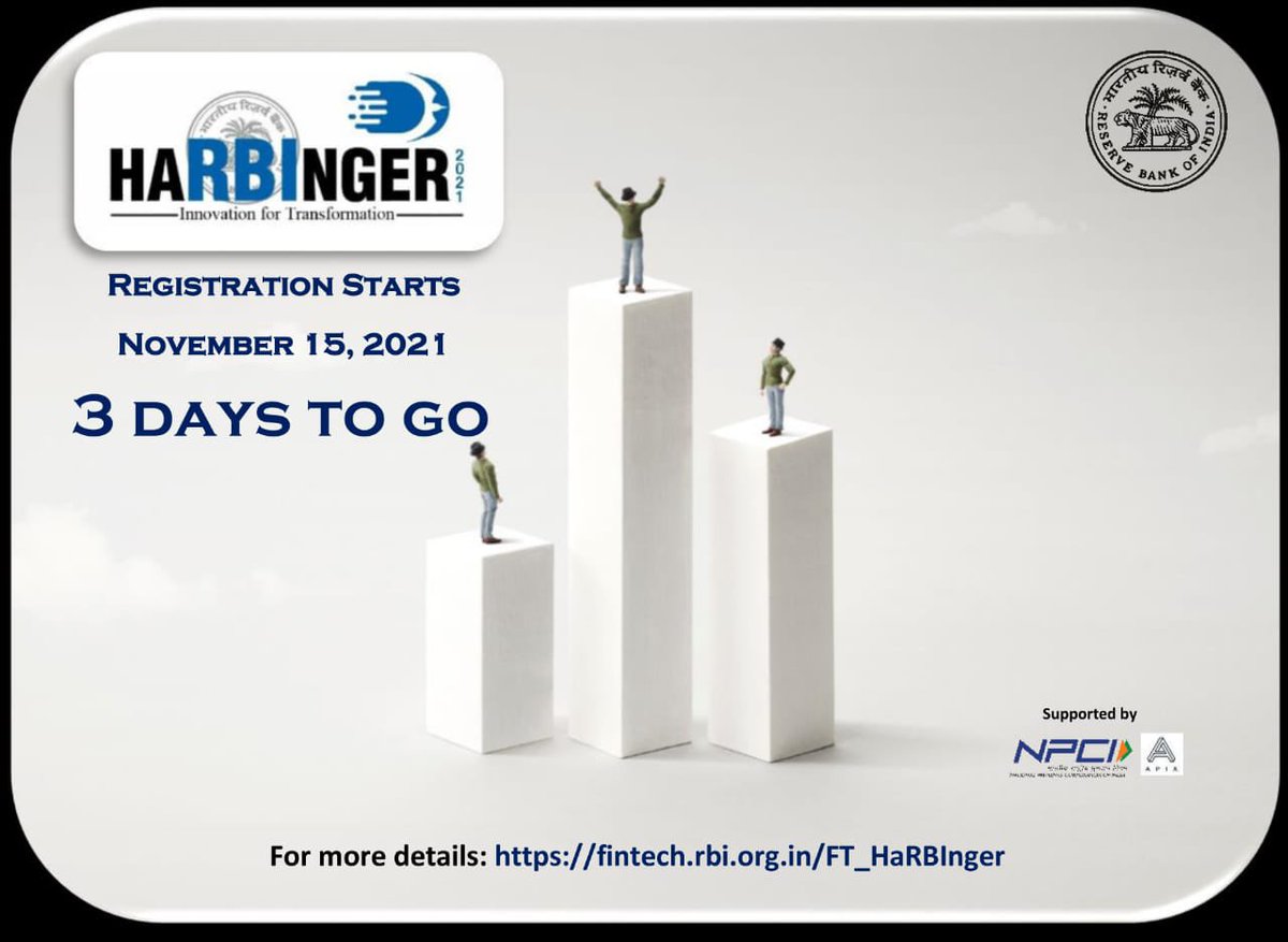 RBI's tweet image. #harbinger2021 - 3 days to go!  #rbihackathon #innovationfortransformation