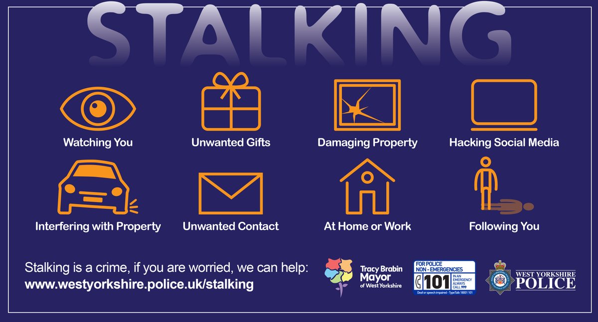 WestYorksPolice's tweet photo. Most people who report incidents of stalking to us are female, but men can be victims too.  

We will treat all reports seriously and sensitively. If you are worried, we can help 

Find out more at: https://t.co/Dg3ZQQO3Bg https://t.co/5uB5RN6Gen