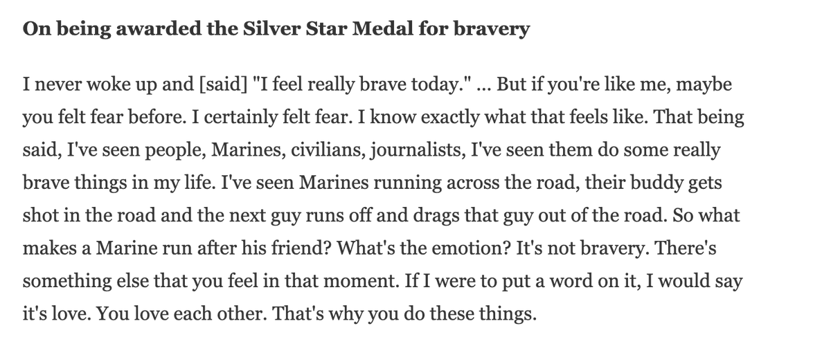 A beautifully moving account of his experiences during and after battle by former Marine <a href="/ElliotAckerman/">Elliot Ackerman</a>. 
I particularly like this passage, describing the bravery that underlies heroism as fundamentally rooted not in fearlessness, but love. <a href="/nprfreshair/">Fresh Air</a> npr.org/2021/11/11/105…