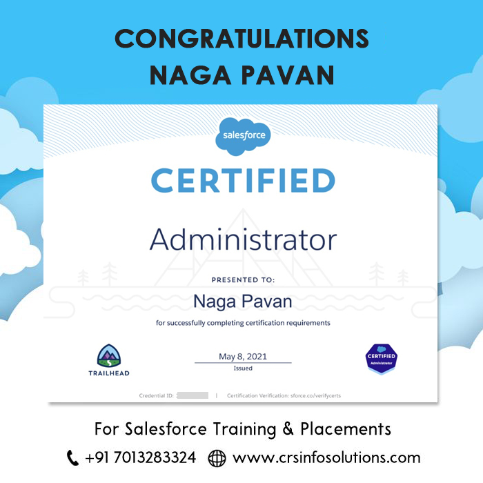 Hearty Congratulations to our student Naga Pavan. All the very best to future endeavours. For Salesforce training and certification preparation, please enroll in our free demo class.

Phone: +91-9347854179
Website: crsinfosolutions.com
#salesforcecertified #salesforcetraining