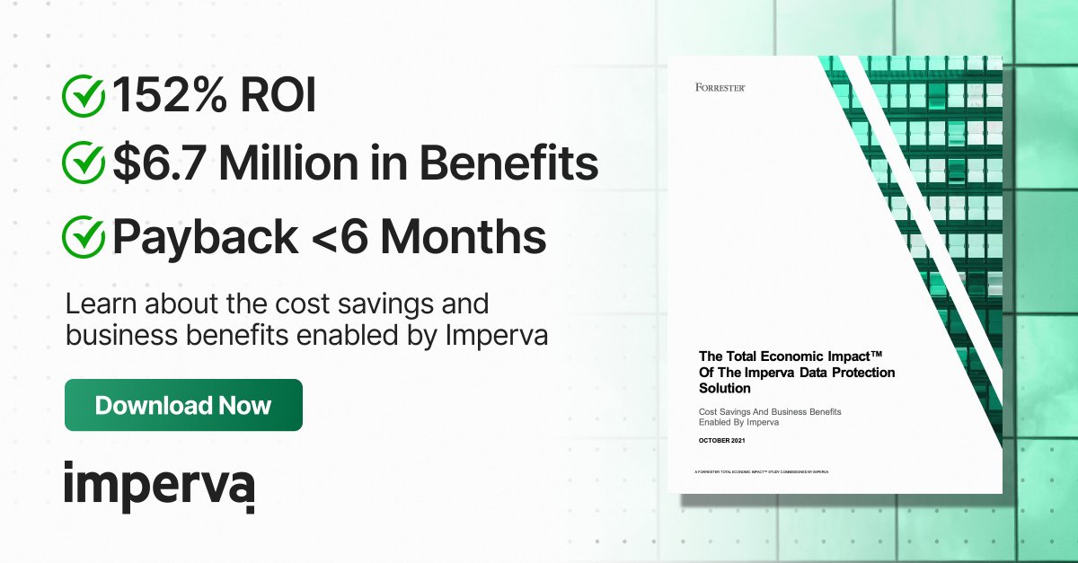 TerryRay_Fellow's tweet photo. NEW: A Forrester report finds that @Imperva Data Protection can save you time and money -- and up to $6.7 million in benefits!

Get your copy of the commissioned Forrester Consulting Total Economic Impact™ study for more details.  
https://t.co/niIfGrR4YF #TeamImperva https://t.co/f7k8ud8GxB
