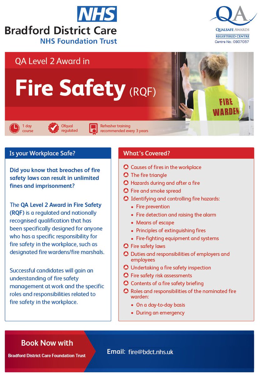 Our BAFE-accredited Fire Safety Professionals at <a href="/BDCFT/">BDCFT NHS</a> can now provide you with L2 Fire Safety training. Contact our team at <a href="/BDCFTfire/">BDCFT Fire Team</a> about this training which is aimed at people with specific responsibility for fire safety in the workplace, such as designated Fire Wardens