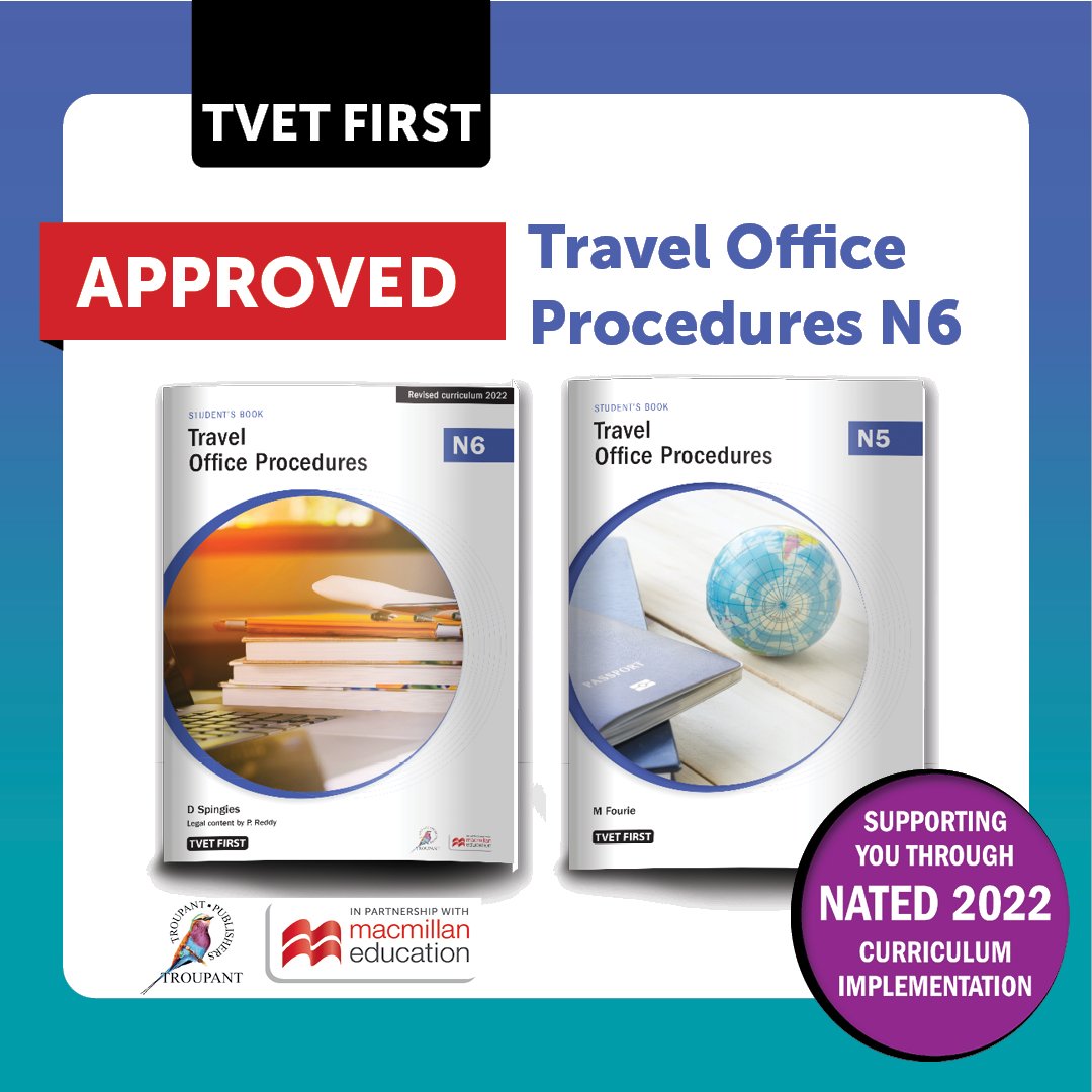 TVETFirst's tweet photo. New TVET First textbook for Travel Office Procedures N6!

TVET classrooms are already filled with our new Travel Office Procedures N5 textbooks. Continue the path towards exam success with TVET First.

READ MORE: https://t.co/uA5QZyyj4E 

#TVETFirst #SupportingLecturers https://t.co/EMo4Mcc2Jq