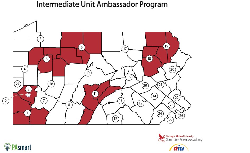 As part of @AlleghenyIU3's #PASmart grant w/ <a href="/CMU_CS_Academy/">CMU CS Academy</a>, trainers from 7 IUs, representing 21 PA counties, are returning this year as #CSAcademy Ambassadors! Thank you to @GovernorTomWolf for the support and the IUs across the state that are incredible partners! <a href="/PADeptofEd/">PA Department of Education</a>