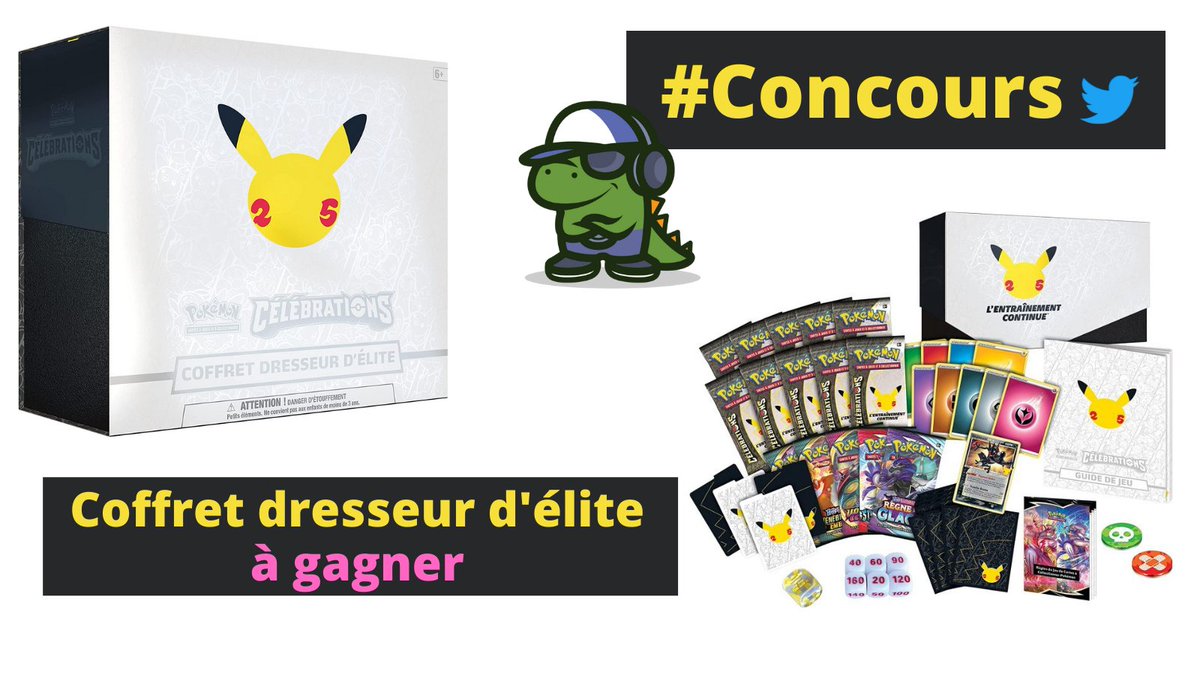 Nouveau Concours #Pokemon !
Pokémon 25 ans - Coffret dresseur d’élite Célébrations à gagner !

1. Suivez <a href="/le_crocodeal/">Le CrocoDeal</a>
2. RT ce Tweet 1 fois
3. Taguez 1 ami

🏆Fin 19/11 (Tirage au sort)
Plus d'infos ➡️ bit.ly/3kxTHnn

#pokemoncelebrations