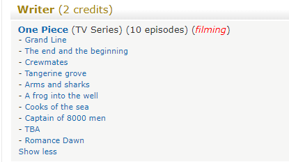 Incredible, one of the authors of #OnePiece #OnePieceLiveAction has spoiled on IMBD the titles of the<a href="/tag/onepiece"class="tags">#OnePiece</a><a href="/tag/onepieceliveaction"class="tags">#OnePieceLiveAction</a><a href="/tag/netflix"class="tags"><span>#netflix</span></a><a href="/tag/one"class="tags"><span>#one</span></a><a href="/tag/onepiecenetflix"class="tags"><span>#onepiecenetflix</span></a>
