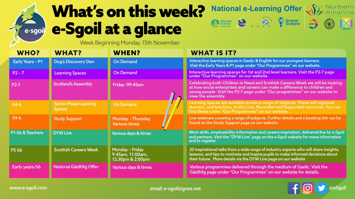 eSgoil's tweet photo. The end of another busy week at e-Sgoil and next week is looking even busier with events for Scottish Careers Week, Book Week Scotland and Children in Need.
Please refer to the timetables below which can also be found on our website. https://t.co/nPTLAL1Acs