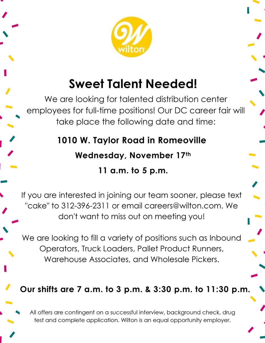 wiltonbrands's tweet photo. Join us for our DC Career Fair on Wed., Nov. 17, from 11 AM-5 PM! See image for details. Text “cake” to 312-396-2311 or email careers@wilton.com to know more about exciting career opportunities with us! #workatwilton https://t.co/QkZpvBGHZl