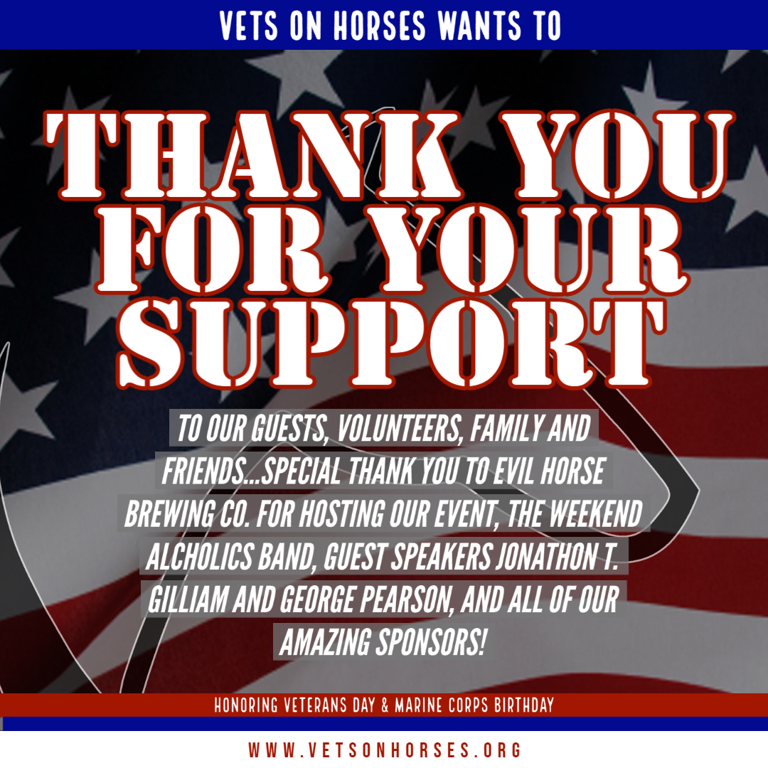 Thank You to everyone who came out and supported Vets On Horses at Evil Horse Brewery Co. on Saturday November 6th for our BBQ & Brews Fundraiser...We couldn't have done it without you!! @evilhorsebrewingcompany @geo_pearson @JGilliam_SEAL @vetsonhorses vetsonhorses.org