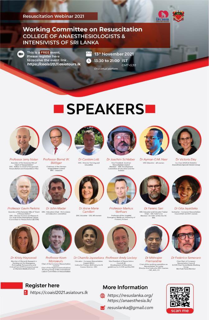 Join us for Resuscitation Webinar 2️⃣0️⃣2️⃣1️⃣ in collaboration w/ <a href="/ResusLanka/">Resuscitation Sri Lanka🇱🇰</a> 🇱🇰

Register at: coaisl2021.asiatours.lk

Date: 13th November 2021
Time: 13:30 - 21:00 IST (GMT +5:30)

✅ Resus in special circumstances: What is new?
✅ Neonatal &amp; Paeds Resus
✅ Education in Resus
