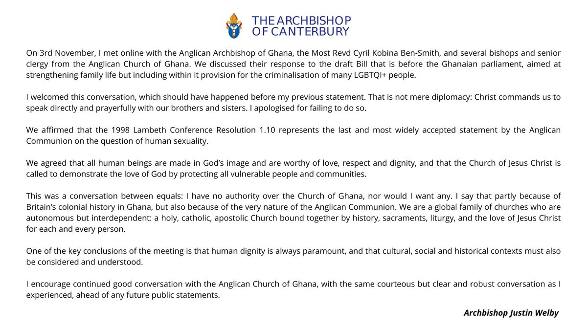 A statement following my meeting with the Archbishop, bishops and senior clergy of the Anglican Church of Ghana last week: archbishopofcanterbury.org/news/news-and-…