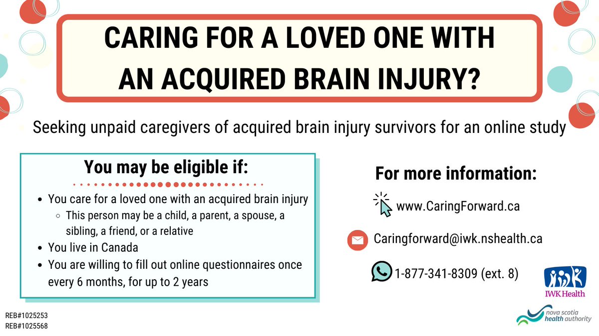 caring_study's tweet image. Are you a #Caregiver for someone with an #AcquiredBrainInjury living in #Canada? If you answered YES, then we want to hear from you! 

Our goal is to create resources and programs that support caregivers and improve well-being. 

Visit CaringForward.ca to learn more.
