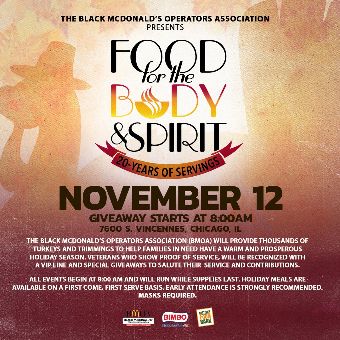 BMOAChicagoland's tweet photo. We’re back again today for our 21st annual Food for the Body and Spirit Turkey and Trimmings giveaway! Come on down to 7600 S. Vincennes to get your turkey. Special thank you to @northernilfoodbank and @bimbobakeriesusa for partnering with us this year. https://t.co/JHnXXScVVq