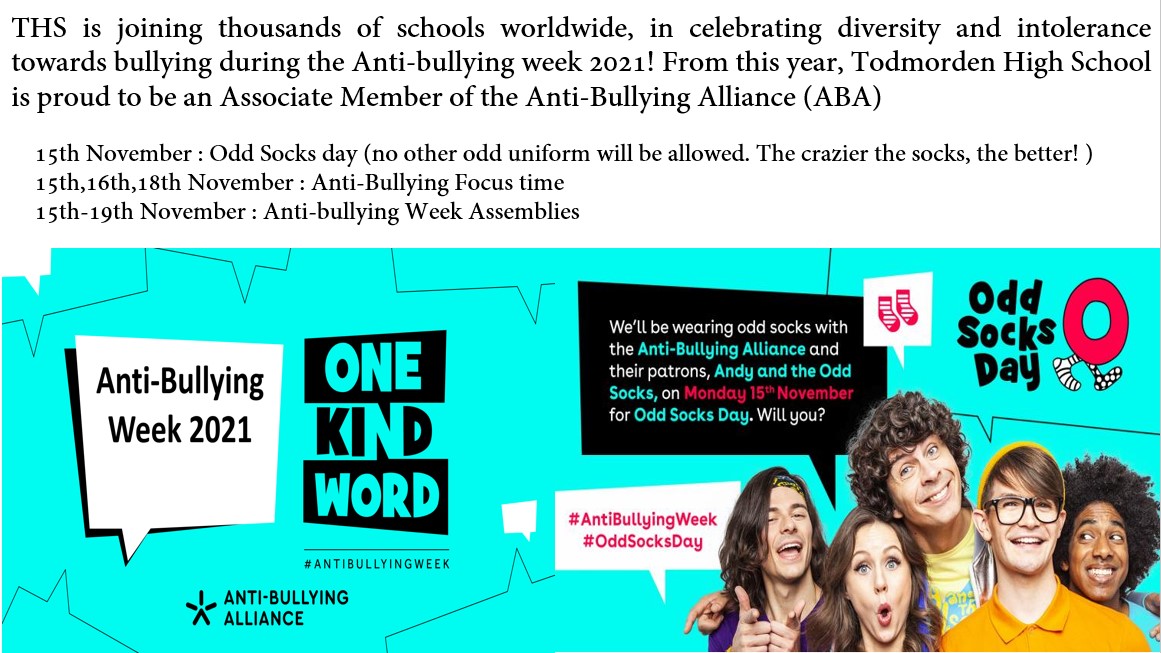 TodmordenHigh's tweet photo. #oddsocksday2021 #oddsocks #antibullyingweek2021 #againstbullying #antibullyingalliance #archvalues #ambition #Respect #care #honesty https://t.co/Z53VHyDgbC