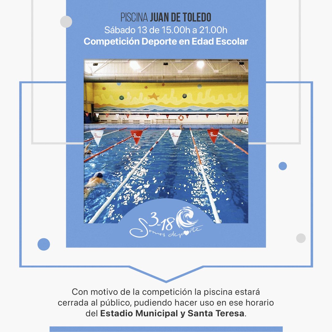 Con motivo de la competición de natación, la piscina #JuandeToledo estará cerrada el sábado en horario de 15:00 a 21:00. El público podrá hacer uso de las piscinas de #SantaTeresa y #EstadioMunicipal.