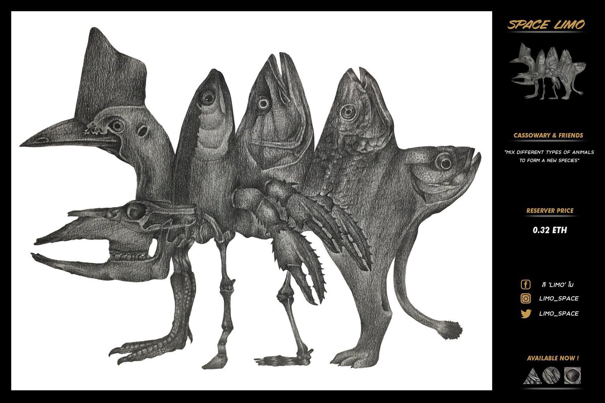 limo_space's tweet photo. ‘Cassowary &amp; Friends’ 💀🐦🐅🐟🦞🐂

Concept : “Mix Different Types of Animals to Form A New Species”

Technic : Drawing on paper

Available Now 👉🏻 https://t.co/rLXqGPh5qm…

#nft #nftart #nftdrawing #withFND #nftcollector #nftmagazine #contemporaryart #nftgallery #nftcommunity https://t.co/dEgSOj3XQ7