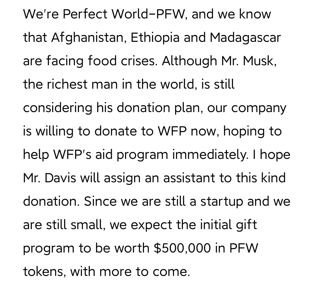 BSC_PFW's tweet photo. We're Perfect World-PFW,and we know that Afghanistan, Ethiopia and Madagascar are facing food crises. our company is willing to donate to WFP now, hoping to help WFP's aid program immediately. 
@BSC_PFW @WFP @WFPChief
 @elonmusk @BillGates https://t.co/p1rJwru2wz