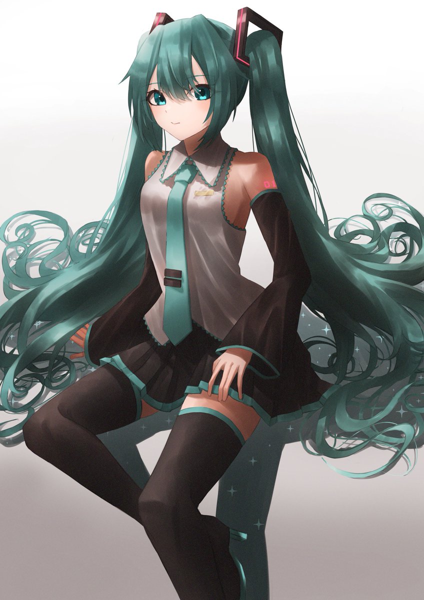 hatsune miku 1girl solo twintails long hair necktie detached sleeves smile  illustration images