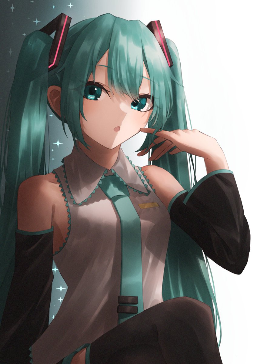 hatsune miku 1girl solo twintails long hair necktie detached sleeves smile  illustration images