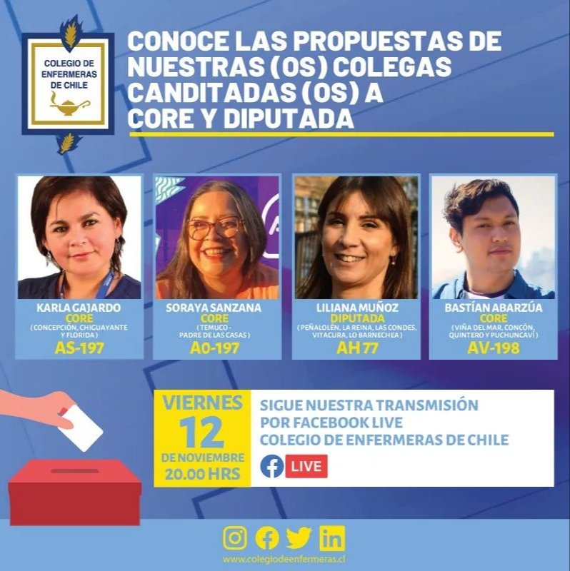 karlagajardoEU's tweet photo. 📌 Hoy estaré de invitada al Facebook Live de Colegio de Enfermeras de Chile  desde las 20:00 horas. Te invito a seguir la transmisión, nos vemos 👋🏼 #KarlaTeCuida 👩🏻‍⚕️ #ConsejeraRegional #Concepción #Chiguayante #Florida AS 197 🗳️ @colegioenfermer https://t.co/TRYmjEiOc4